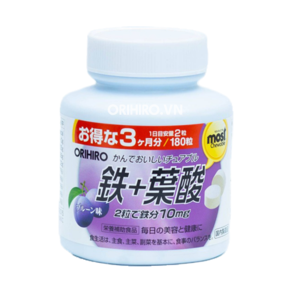 Viên nhai bổ sung Sắt Acid Folic Orihiro Most Chewable Iron 180 viên